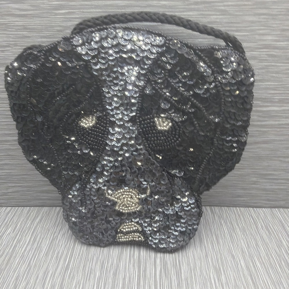 Black Beaded Dog Face Crossbody Purse Novelty Puppy Handbag Evening Bag